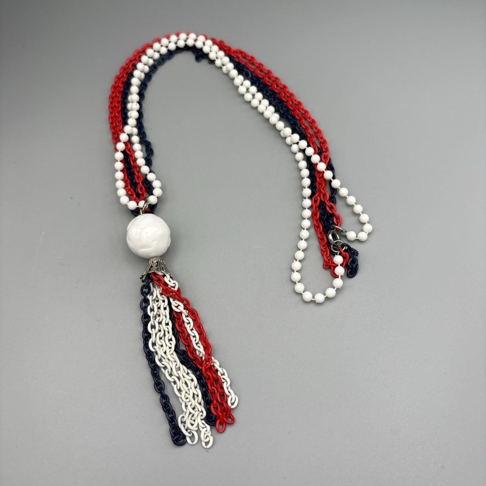 Vintage Patriotic TasseNecklace Red White Blue Chain and Lucite All American